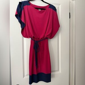 Signature by Sangria Hot Pink and Navy Braided-Belt Midi Dress